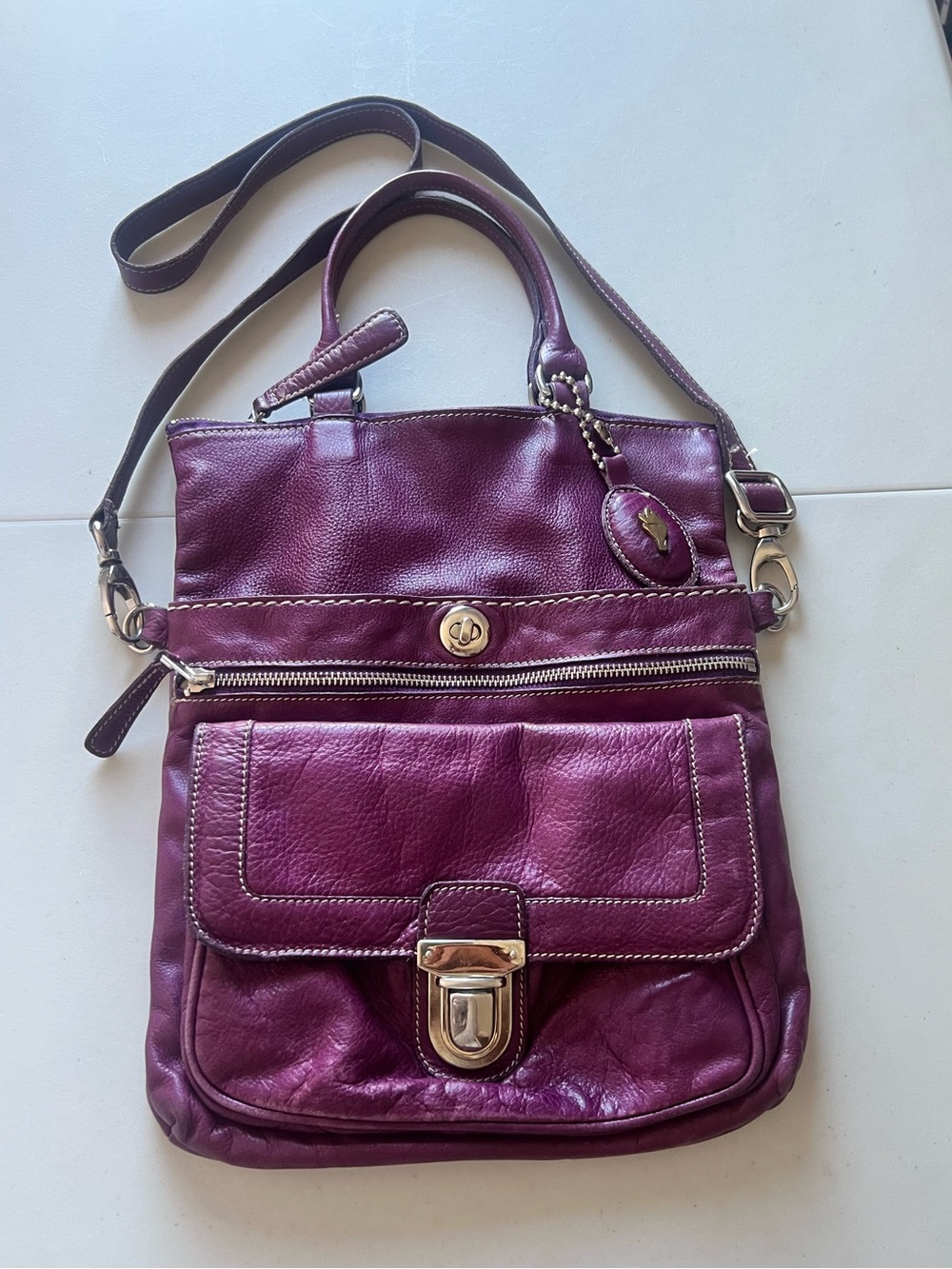 ROOTS Purple Leather Fold over Flat Crossbody Bag-